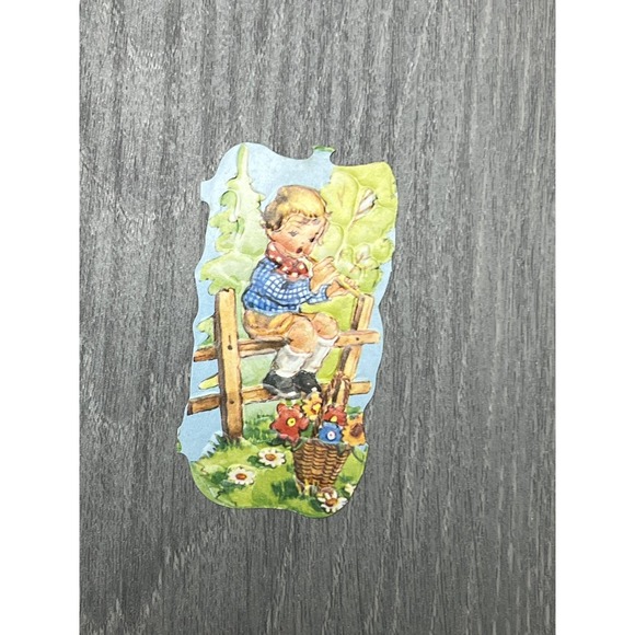 Other - Antique Die-Cut Scrap Boy on Fence with Flowers Ephemera Spring Art